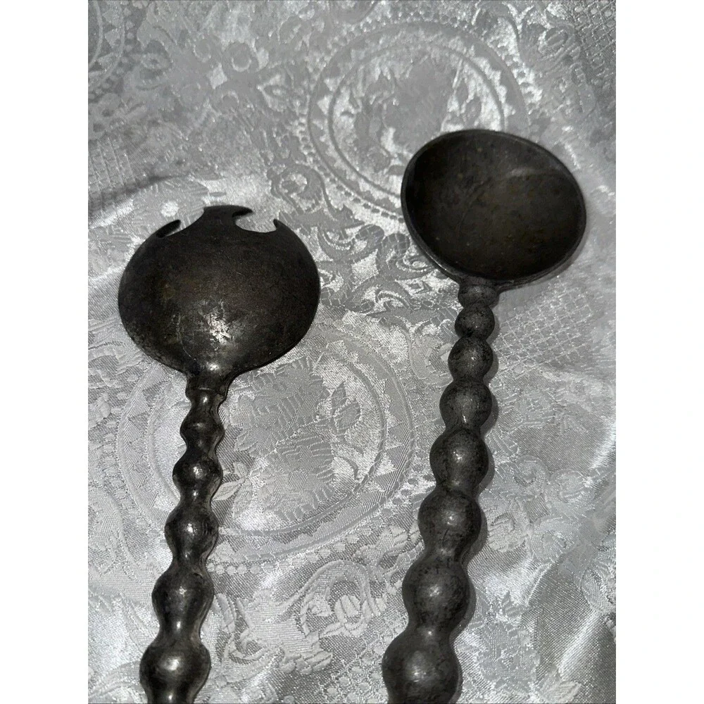 Pewter Metal Silver Tone Salad Servers Silverware Bubble Bead Curved Handles